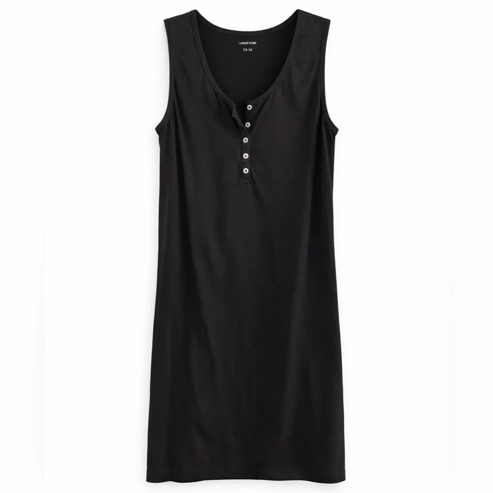 Lands’ End Black Sleeveless Henley Dress | Size L (14–16) | 100% Cotton - Picture 1 of 7